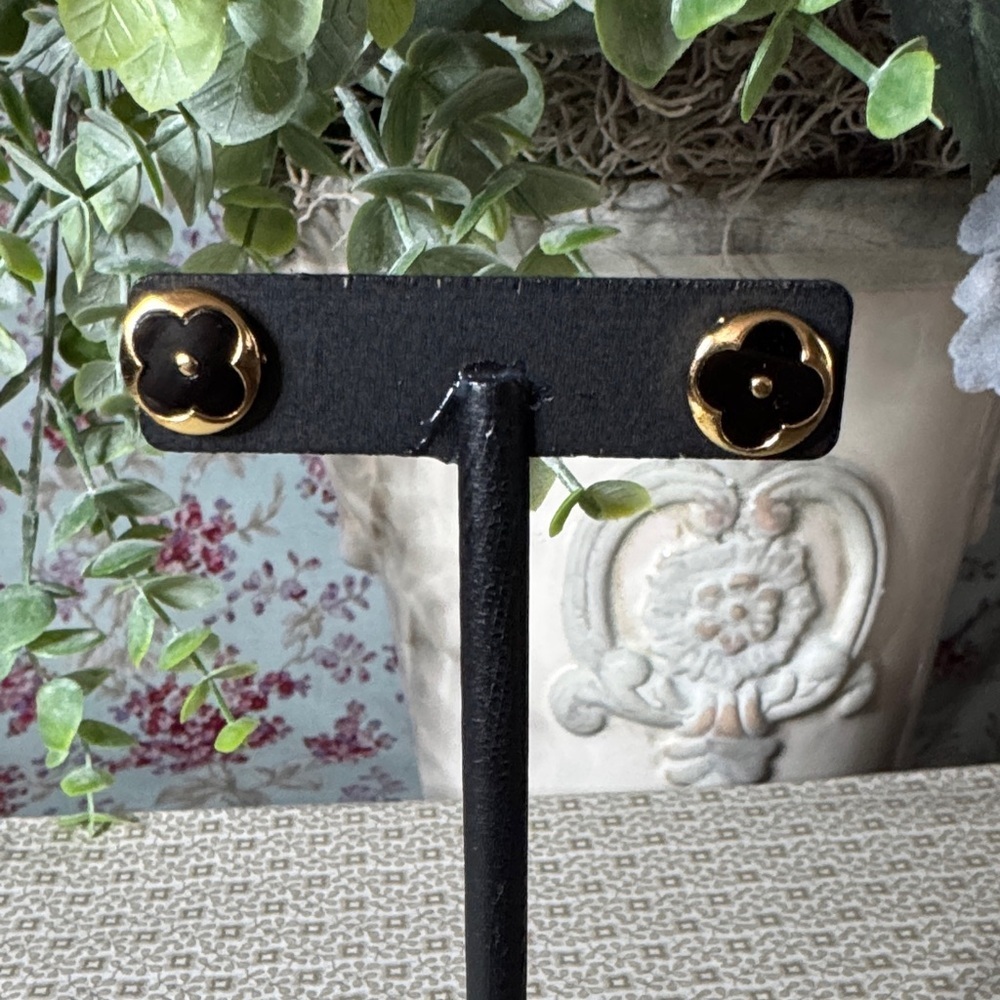Stainless Steel Gold and Black Clover Stud Earrings - NWOT